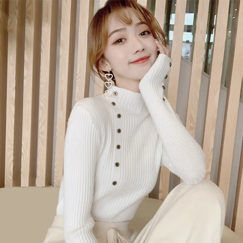Sweater Women 2020 New Korean Version Warm Pullover Decorative Buttons Knitted Tops Autumn Winter Half Turtleneck Sweater Sweater Women 2020 New Korean Version Warm Pullover Decorative Buttons Knitted Tops Autumn Winter Half Turtleneck Sweater