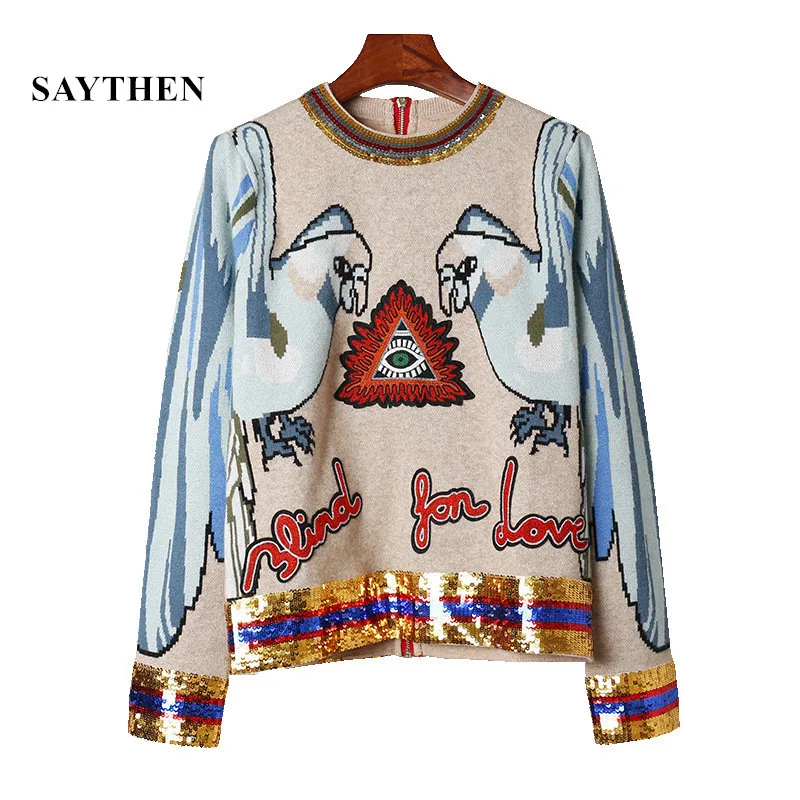 

SAYTHEN 2021 Autumn Winter Runway Embroidery Sequined Knitting Sweaters Fashion Parrot Jacquard Long Sleeve Neck Women Pullover