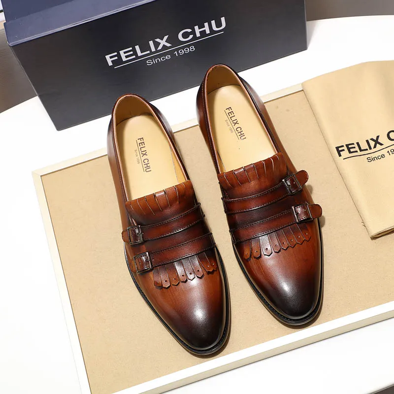 Классические мужские лоферы FELIX CHU; повседневные модельные туфли из натуральной кожи с двойным ремешком; цвет коричневый, зеленый; Мужская обувь для свадьбы, вечеринки, банкета