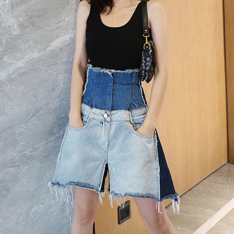 GALCAUR Patchwork Hit Color Tassel Wide Leg Shorts For Women High Waist Pocket Denim Shorts Female 2020 Summer Fashion New Tide