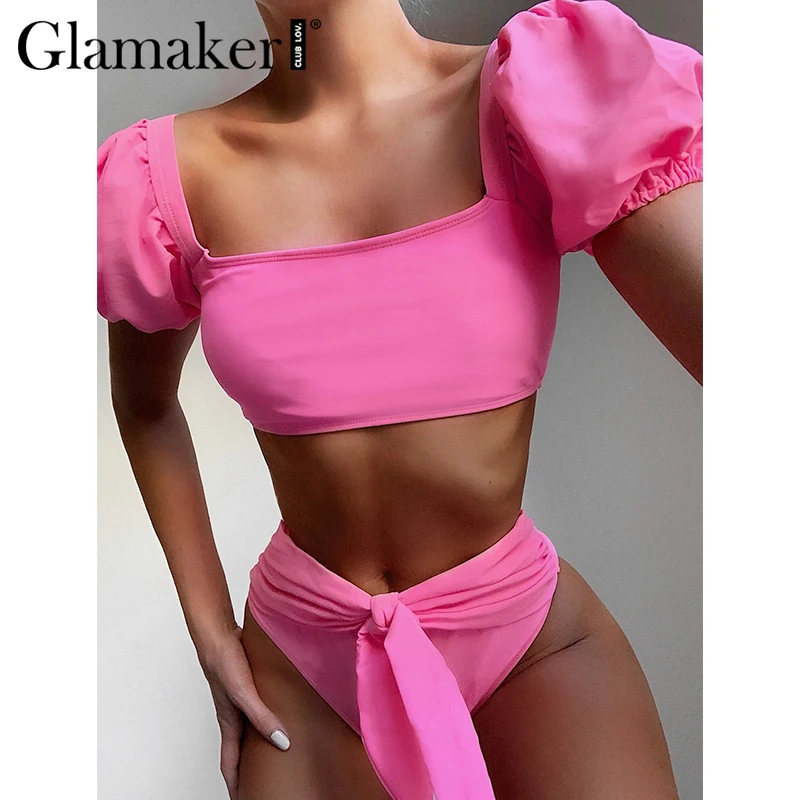 Женский комплект бикини Glamaker розовый из двух предметов с высокой талией и бантом