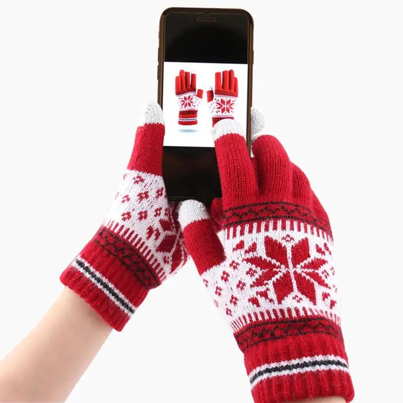 1 Pair Autumn and winter Plus Velvet Padded Knit Warm Gloves Fashion Snowflake Finger Mittens Outdoor Sports Cycling Gloves
