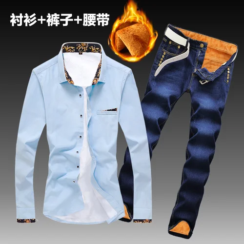 Осенне-зимний мужской комплект из 2 предметов, рубашка с толстой плюшевой подкладкой узкие брюки теплые рубашки для мальчиков, джинсовые брюки верхняя одежда для мужчин, Z3 - Цвет: 3