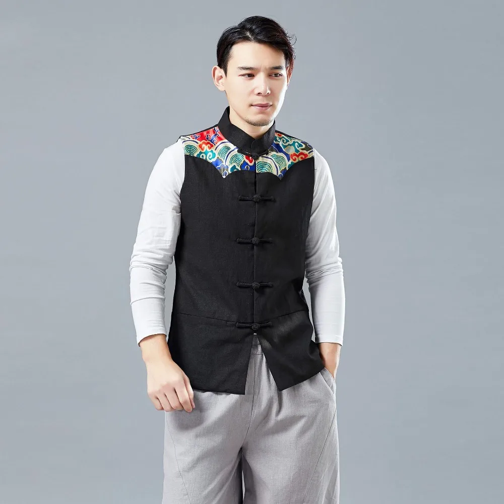 LZJN 2019 Men's Summer Waistcoat Chinese Style Print Patchwork Linen Button Down Kung Fu Shirt Sleeveless Vest Jacket (12)