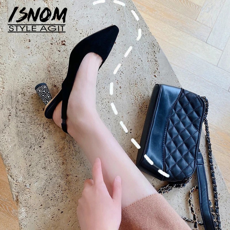 ISNOM Kid/замшевые туфли-лодочки с петлей на пятке женская обувь острым носком