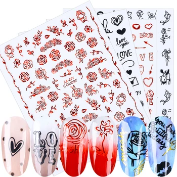 

1pcs Red Black Nail Art Stickers Decals 3D Rose Flower Letter Abstract Image Adhesive Slider For Nail Art Decoration JICB196-203