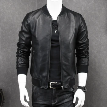 

2020 New Fashion Men Black Short Biker Jackets Slim Fit Genuine Leather Jacket Casual Pocket Zipper Male Coats Plus Size S-5XL