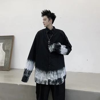 

Male Japan Street Hop Hop Punk Gothic Black Shirt Men Pattern Printing Loose Casual Long Sleeve Shirts