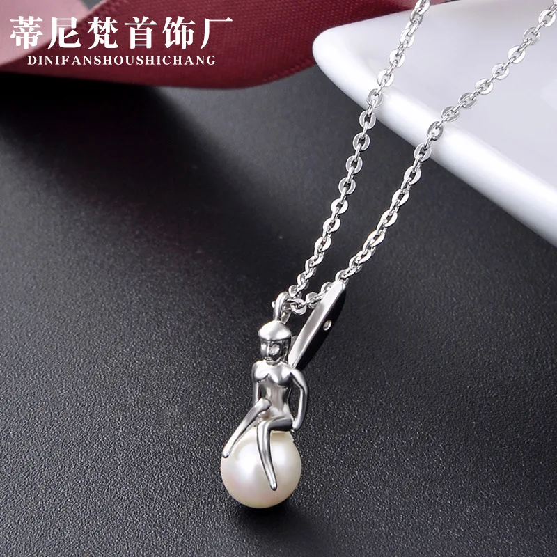 

Korean-style Sweet Elegant Necklace S925 Fine Silver Set with Shell Pearls Cute Elf Pearl Pendant Short Choker Women's
