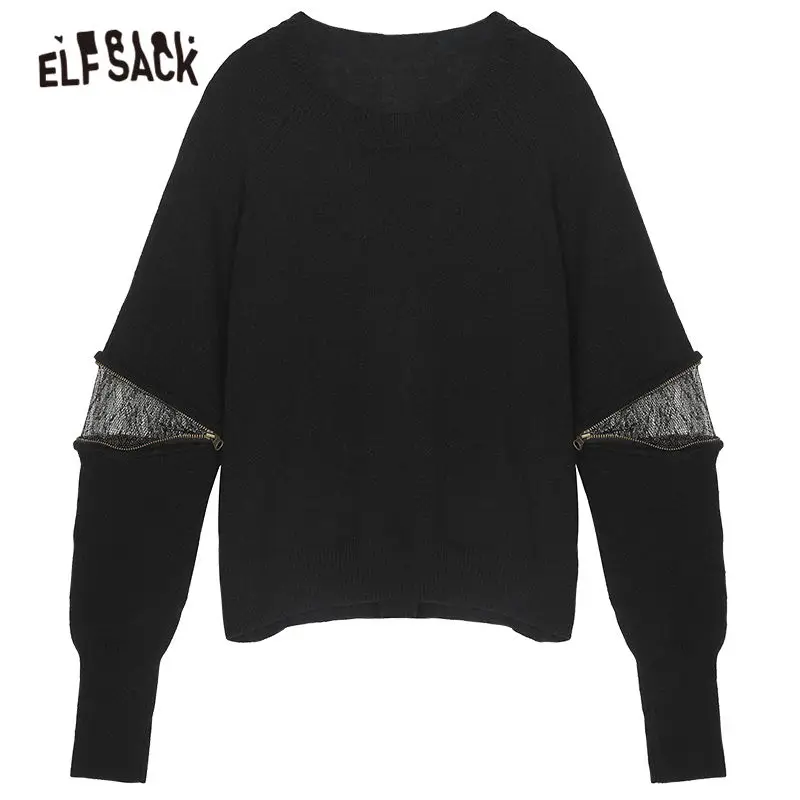 Черный ELFSACK черный однотонный контрастный кружевной элегантный вязаный свитер женский пуловер зимний Корейский стиль офисный женский свитер - Цвет: Черный