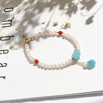 

Natural Green Freshwater Pearls Bracelets Women's Lucky Peach Blossom Electroplated Real Gold Jewelry Bracelet