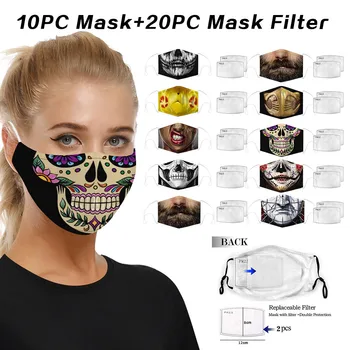 

10pc 3d Skull printed Mouth Face Mask Funny Windproof Foggy Haze Pm2.5 Mascarillas With Mask Gasket Face Mask Filter Mondmasker