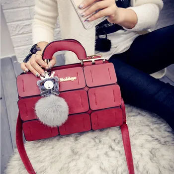

Fashion Gril Europe And The United States Palace Versatile Handbags Sewing Line Boston Bag Hair Ball Portable Messenger Bag #T1G