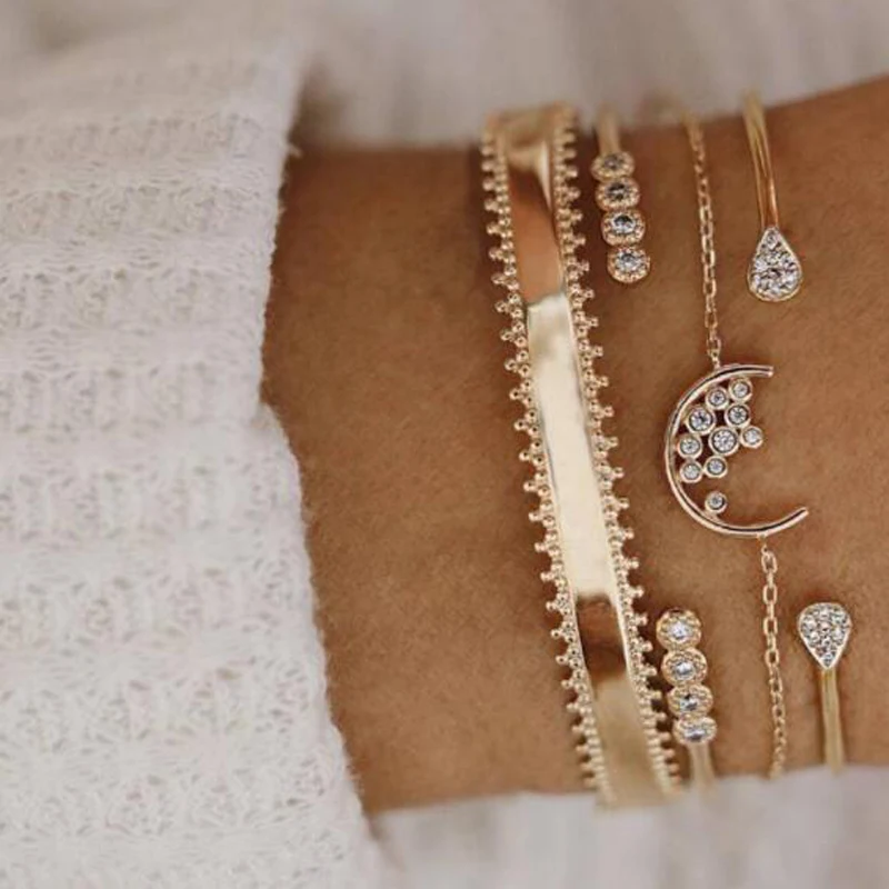 

Tocona 4pcs/set Bohemian Vintage Moon Crystal Geometric Gold Bracelet Set for Women Opening Bracelet Bangle C15209