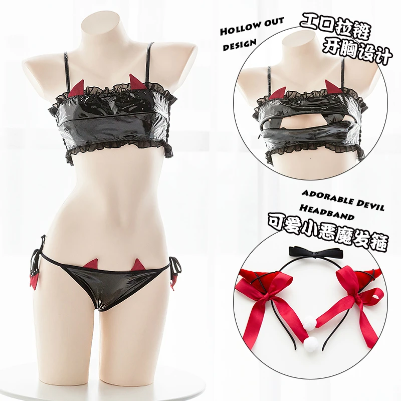 Adorable Devil Style Hollow Out Open Chest Design Patent Leather Headband Material Kawaii Erotic Bikini Sexy Cosplay Costume