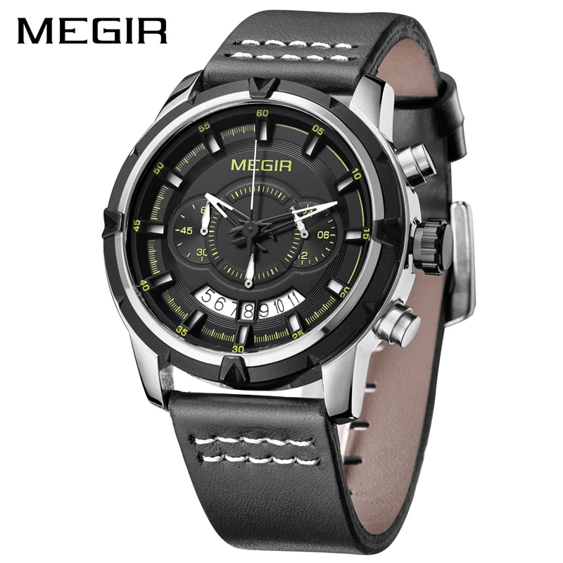MEGIR Спортивные Хронограф модные часы для мужчин Креативный дизайн календаря черный кожаный ремешок водонепроницаемые Роскошные брендовые кварцевые часы