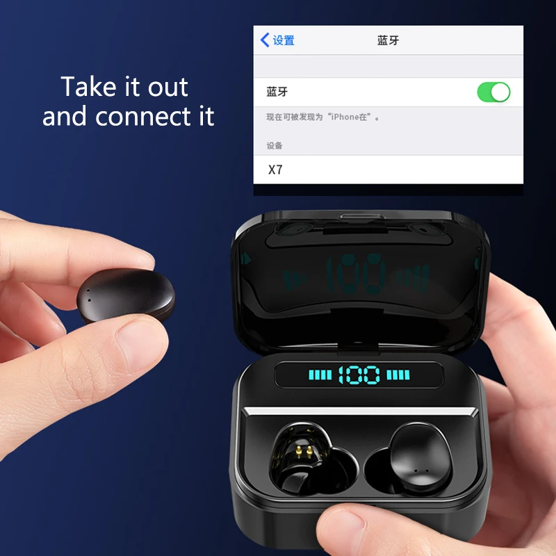 Фото Bluetooth-наушники X7 со светодиодным дисплеем, водонепроницаемые беспроводные наушники TWS хорошего качества с сенсорным управлением №5