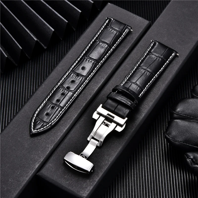 Premium Genuine Leather Watchband with Butterfly Buckle - Elegant Men's Strap Accessory