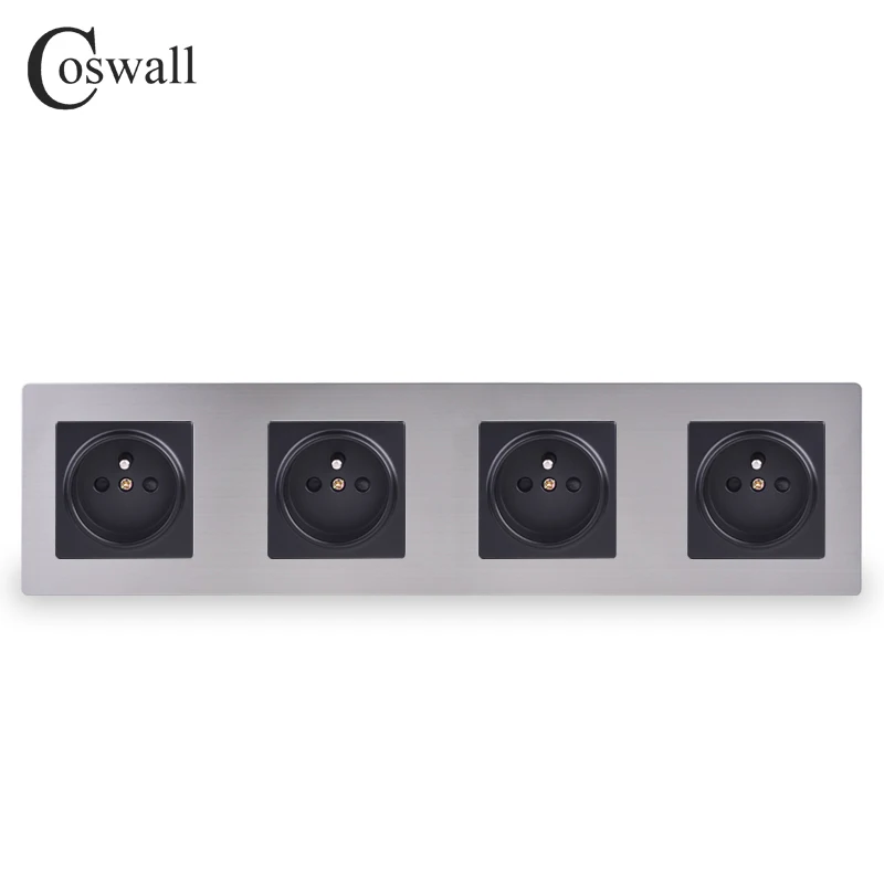 COSWALL панель из нержавеющей стали 4 банды настенная розетка 16A французская стандартная розетка серебристый черный цвет детская защита для