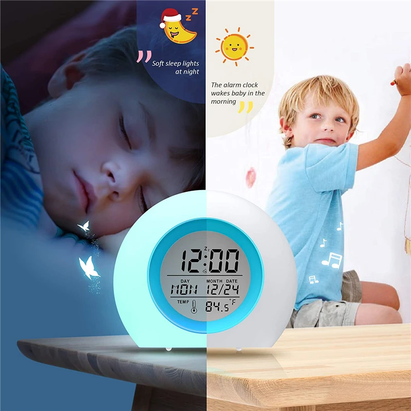 Reloj despertador para niños Encender digital Lámpara led Reloj despertador  Luz nocturna Niña Niños Día Noche Niño Volumen ajustable Posponer USB  Cargar Despertador