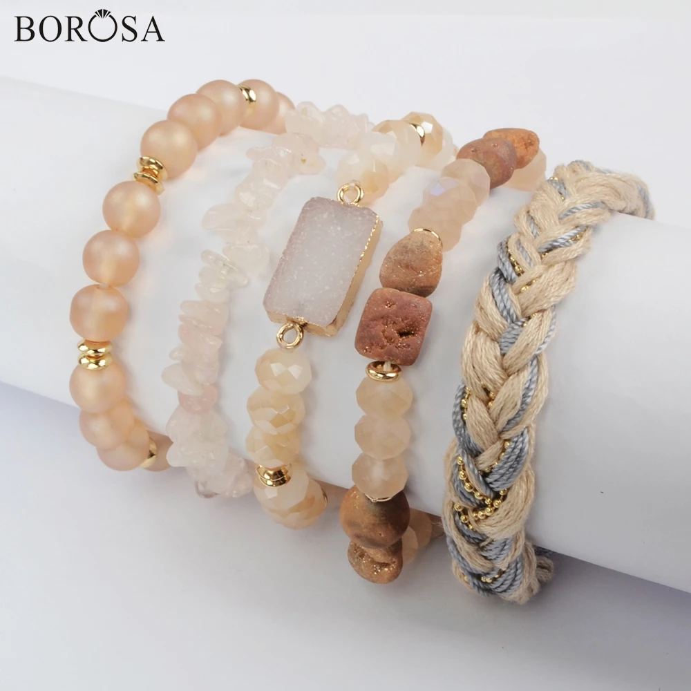 BOROSA 5 комплектов(5 шт./компл. разных Браслеты) светло-коричневый кулон agates Druzy Кристалл бусины Стекло бусины браслет наборы ювелирных украшений ювелирные изделия WX1185