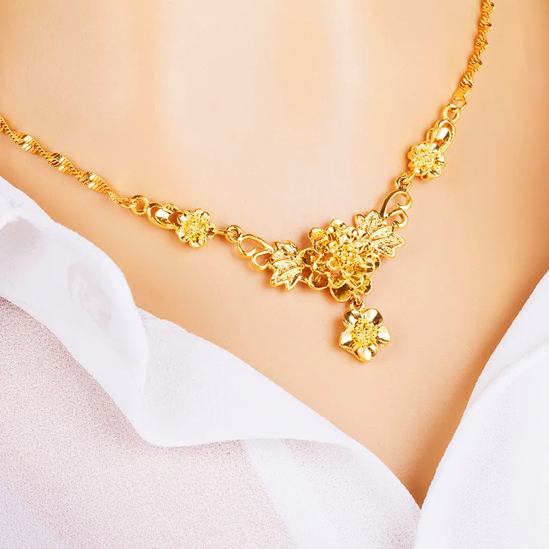 

Plated 24 K Gold Women's Flower Necklace Viet Nam Alluvial Gold Bride Marriage Sets of Chain Brass Gold Plated Choker Women's