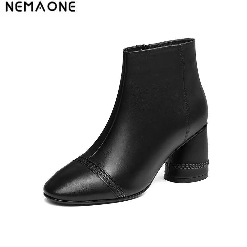 

NEMAONE Spring Autumn Solid Women Ankle Boots Side Zipper Concise Fashion Boots rouned Heels Brand Design Shoes size 41 42 43