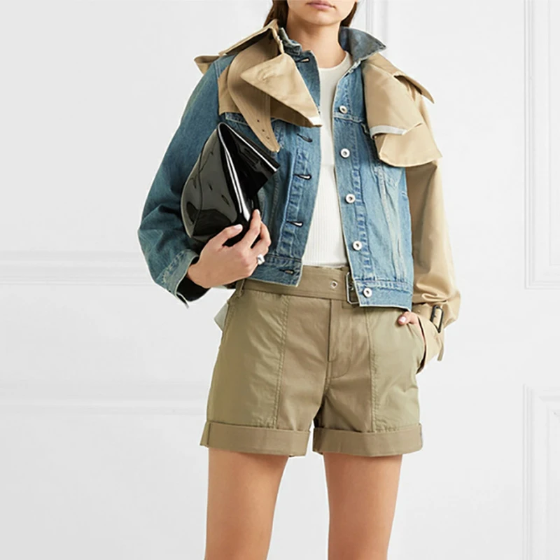 

Autumn Runway Woman Denim Jacket Long Sleeve Patchwork Contract Color Loose Coats Holiday Vacation Tops