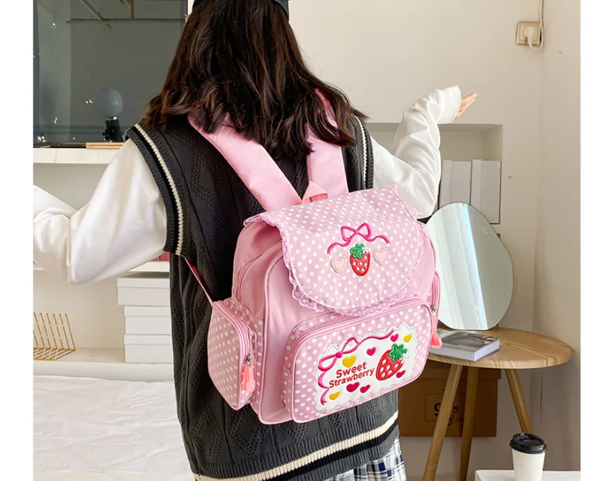2021 New Arrival! Cute embroidery fruit strawberry lace backpack