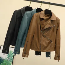 Spring Autumn Street Fashion Locomotive Style Black Women Lapel PU Leather Short Slim Long Sleeve Zipper Jacket Color