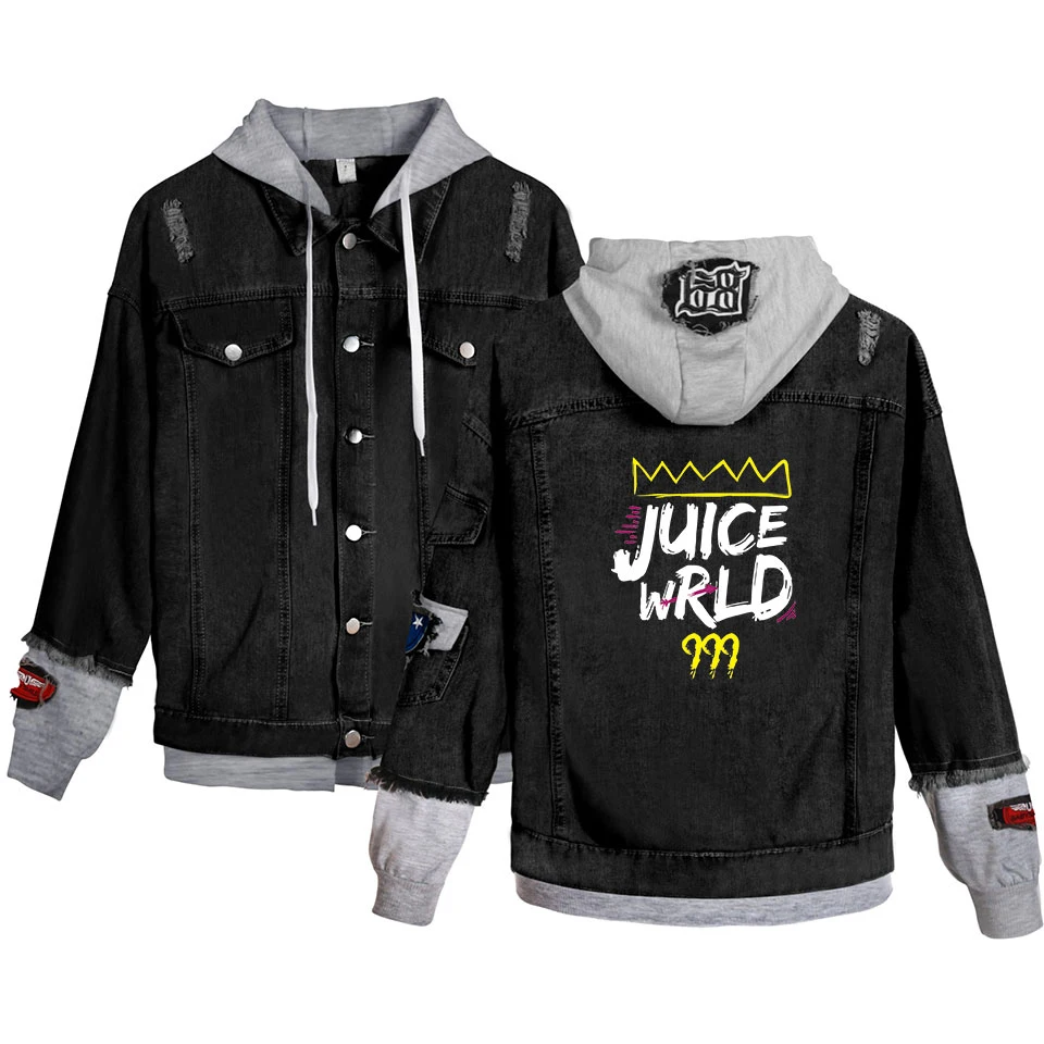 2021 Juice Wrld Denim Jacket Fashion Fake Two Pieces Hooded Jacket Streetwear Retro Popular Men Women Denim Jacket Autumn Coat mens puffer jacket