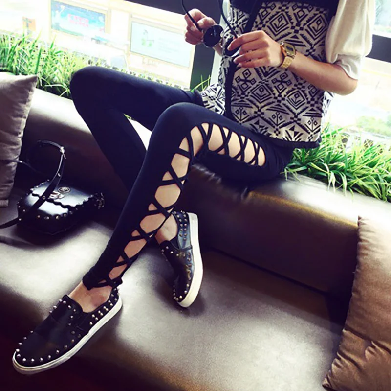 

SexeMara 2019 Elasticity Pants Autumn New Cross Design Hollow Side Ankle-length Solid Color Ladies Sexy Big Size Leggings CPT024