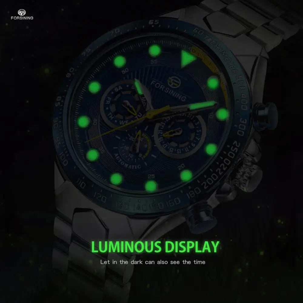 Модный бренд FORSINING Мужские автоматические механические часы из нержавеющей стали Скелет синий циферблат наручные часы Relogio Masculino
