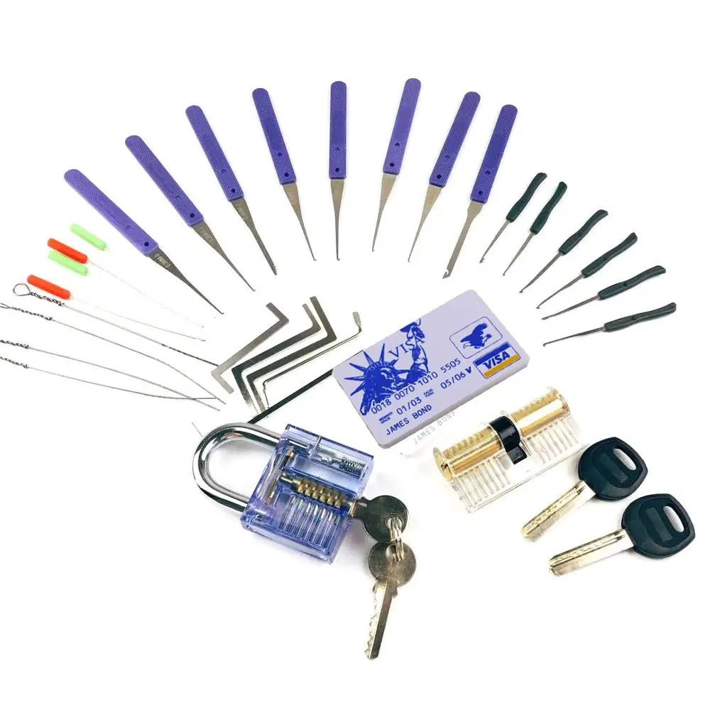 2pcs Transpare Locks with 22pcs Broken Key Pick Extractor Tools,Card Tools,Tension Wrench Tool, Lock Practice Pick Tools Kit