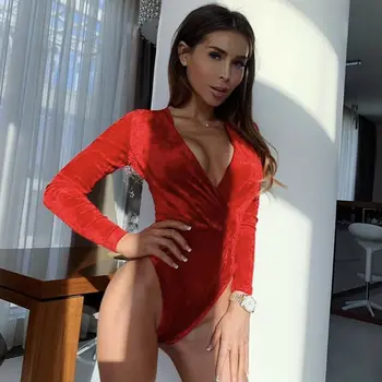 

Women Sexy Deep V Neck Bodysuits Long Sleeve Lady Pool Club Party Velvet Bodysuit Rompers Jumpsuit Bodycon Cubwear Hot Female