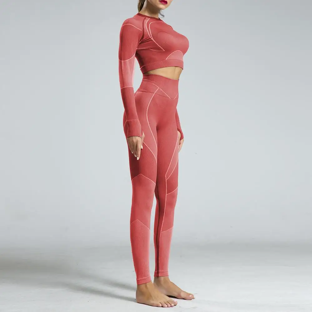 2pcs/set Vital Women Sport Suit Gym Blue Set Workout Clothes Long Sleeve Fitness Crop Top+ High Waist Energy Seamless Leggings - Цвет: set-red