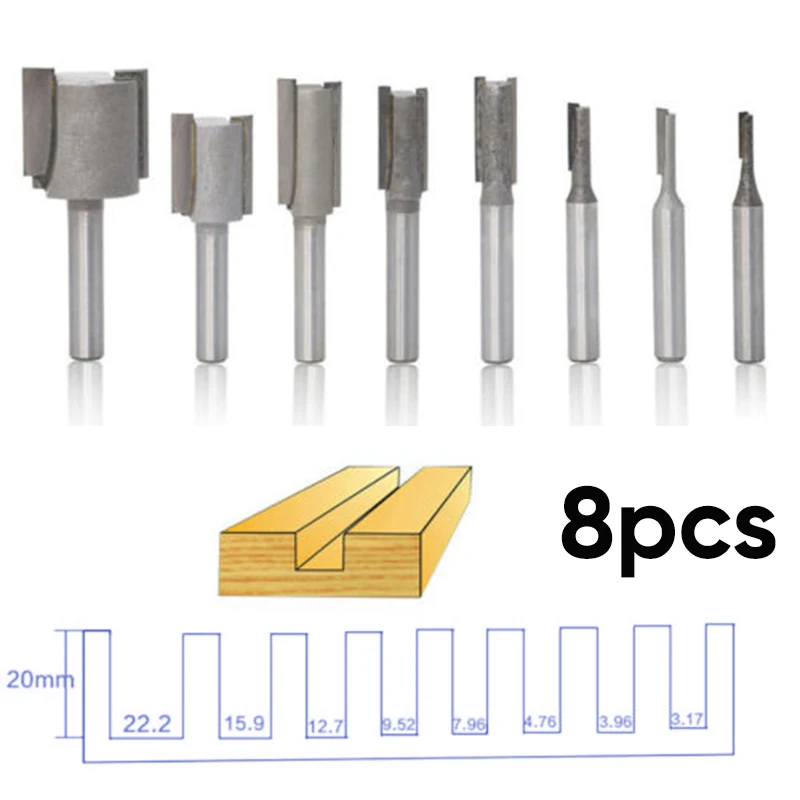 

8pcs 1/4 Shank Straight Router Bit Carbide Woodworking Milling Cutter Tool Kit