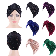 Женские бархатные разноцветные стразы мусульманская тюрбан шапка твист завязанная индийская шапка после химиотерапии шапка Дамская мода зимняя теплая повязка на голову банданы