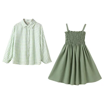 

girls dree suit 2 pic a set Full Plaid shirt Cotton Sweet Princess dress big size Korean Simple style