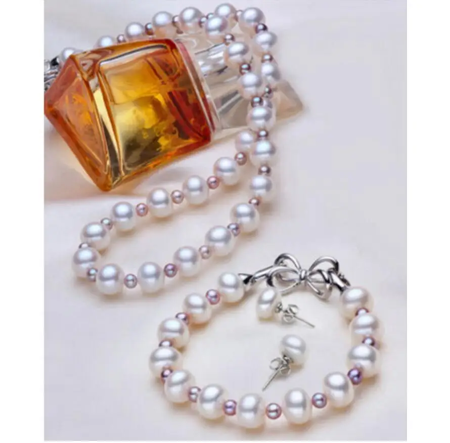 

Sets AAA 6-7mm White3mm purple freshwater Genuine Pearl necklace bracelet earring set