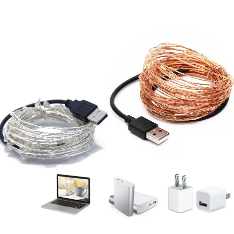 Светодиодная Серебряная/медная проволочная гирлянда 2 м/5 м/10 м USB 5 В с питанием Рождественская гирлянда наружная/Внутренняя декоративная Свадебная вечеринка