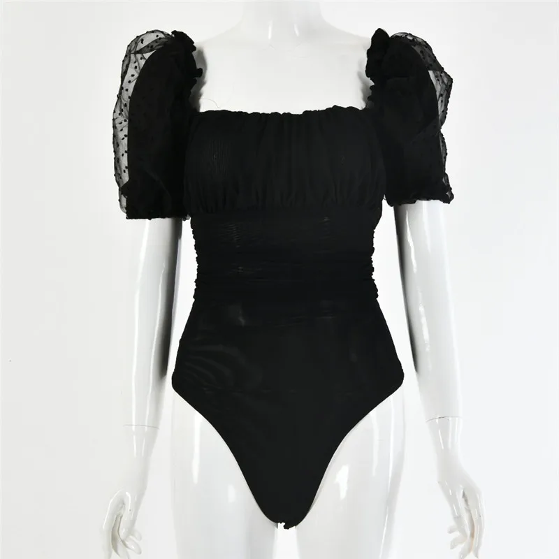 Перспективный гофрированный боди с коротким рукавом, женская одежда, Осенние Комбинезоны, сетчатые прозрачные Обтягивающие Комбинезоны, женские Ползунки, топы