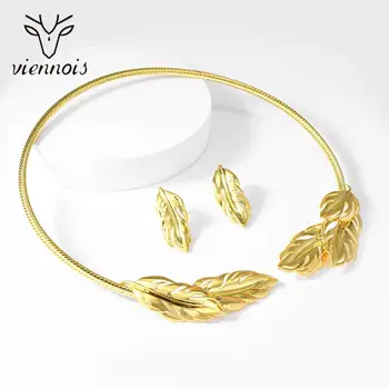 

Viennois Dubai Necklace and Earrings Jewelry Set For Women Gold Plated Leaf Design Necklace and Stud Earrings Jewelry Set