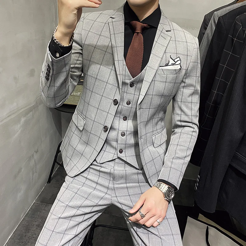 

Blazers Groom Wedding Dress Plaid Formal Suits Set Men Fashion Boutique Casual Business Suit Three-Piece (Jackets+Vest+Pants)