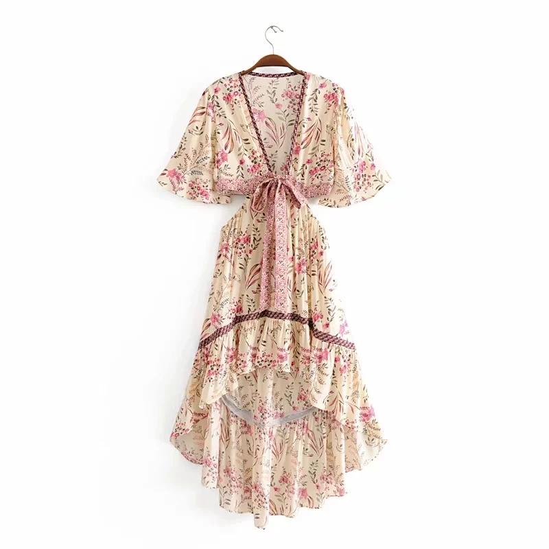 Summer long dress Vintage Floral Print Backless Chic Boho Dress Women With Sashes Asymmetrical Beach Dress Vestidos - Цвет: Белый