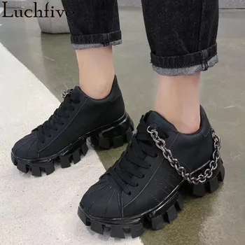 

Fashion Chains Women Casual Shoes Round Toe Lace Up Sneakers Runway Platform Shoes For Women Black Zapatos De Mujer