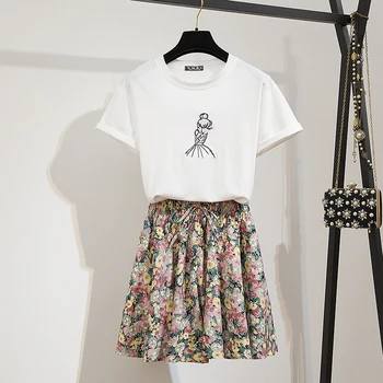 

Embroidery Girl Sweet Suits Dress 2020 New Pleated Mini Floral Print Skirt Casual Two Piece Women's Dress