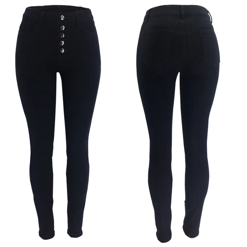Women Jean High Waist Elastic Plus Size Stretch Jeans Female Autumn Winter Washed Single-breasted Denim Skinny Pencil Pant - Цвет: Черный