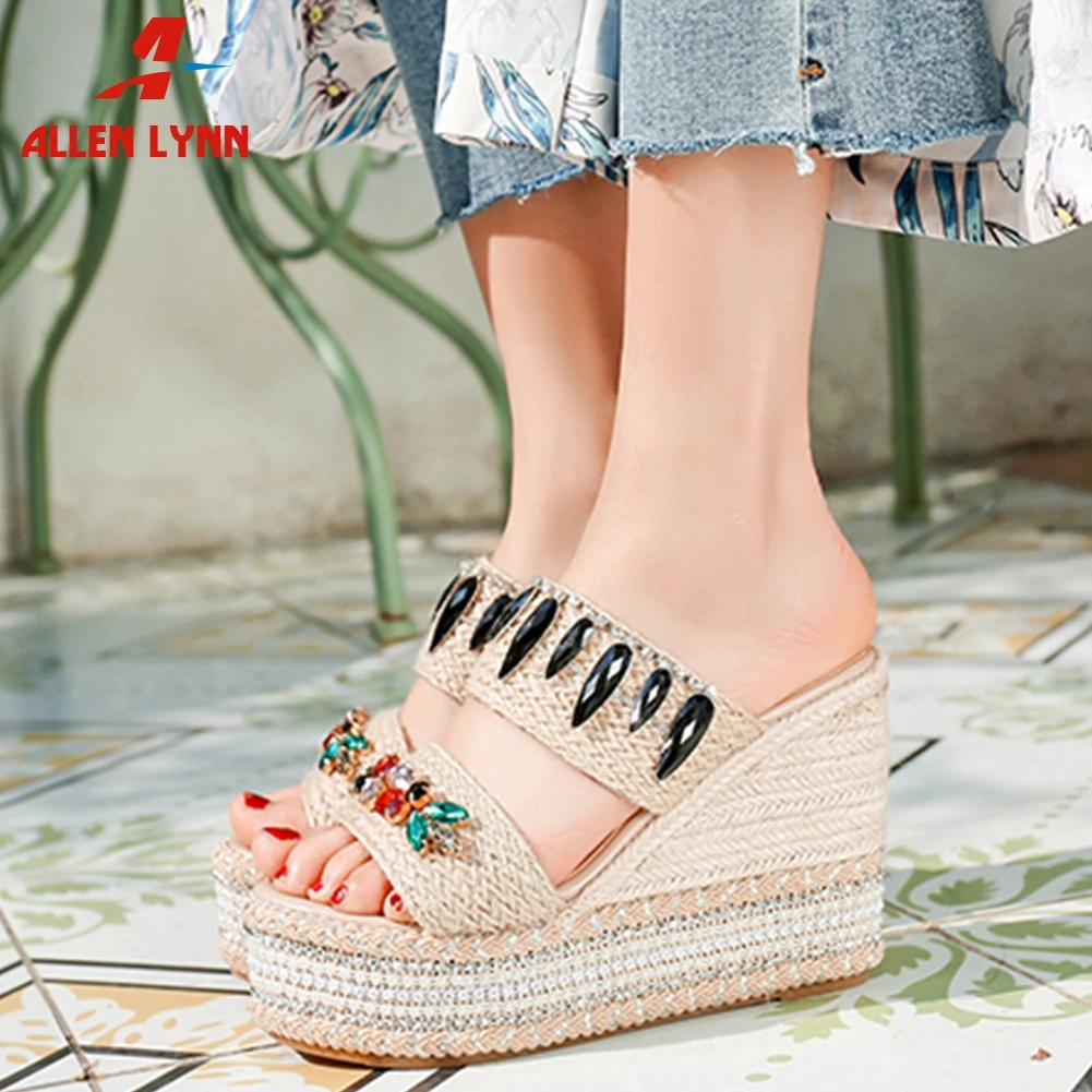 

ALLEN Hot Sale Ladies High Wedges Shoes Woman Crystal Decorating Slippers Women Summer Holiday Fashion Platform Slippers