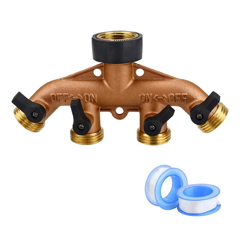 

4 Way Brass Garden Hose Splitter Heavy Duty Garden Tap Hose Adapter Nozzle Switcher Connector with 4 Shut-Off Valves for Garden
